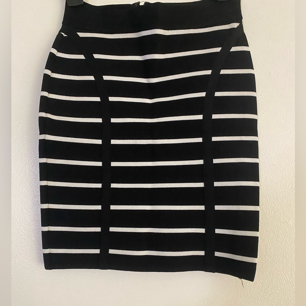 GUESS Black and White Striped Bandage Skirt